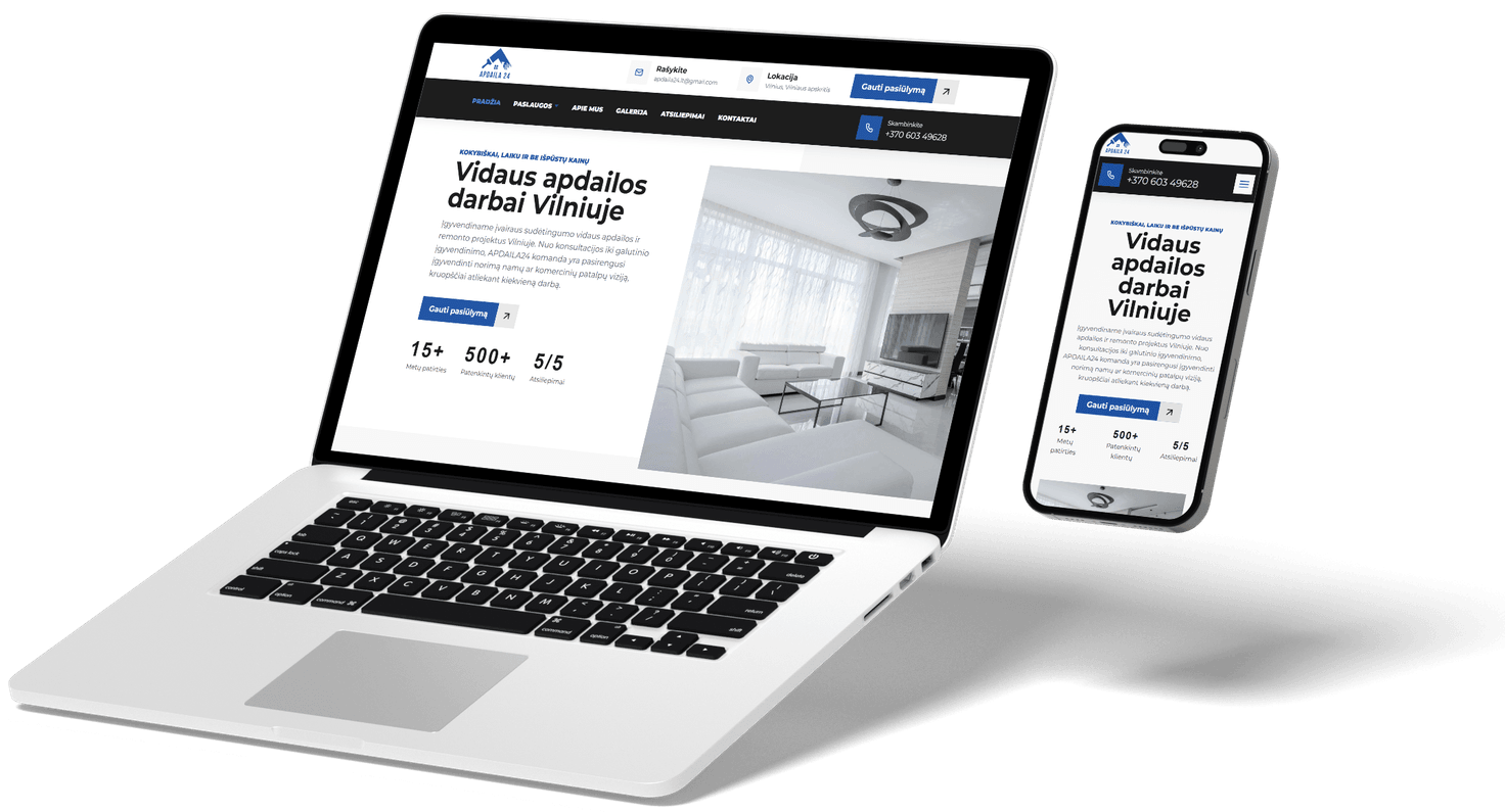 nešiojamas kompiuteris ir iPhone rodantys odontologo svetainę