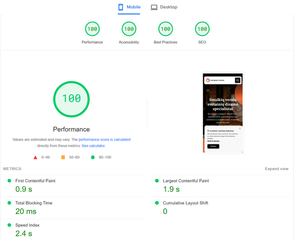 ekrano nuotrauka rodanti tobulus Google puslapio greičio rezultatus